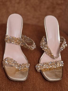 Crystal Embellished Gold Slide Heels - Women's